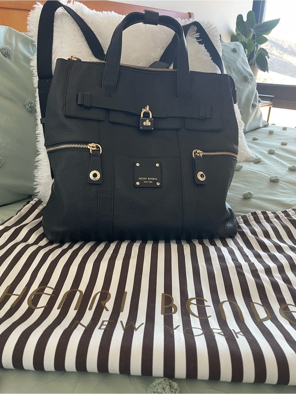 henri bendel Black Leather Convertible Backpack Tote with Gold Hardware